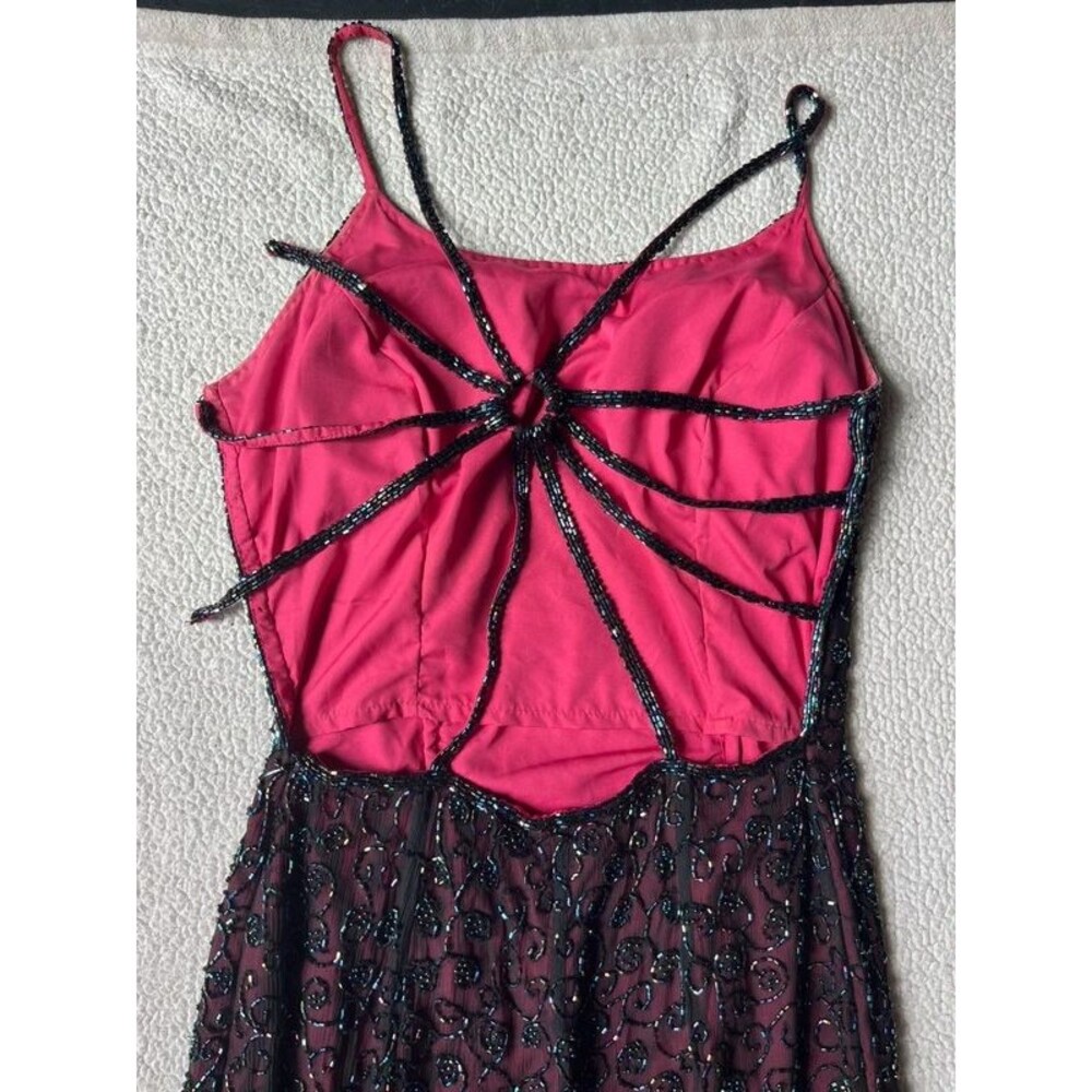 Vintage 90s BEADS Sean Mehta Black Pink Beaded Silk Maxi Gown Dress Women Small